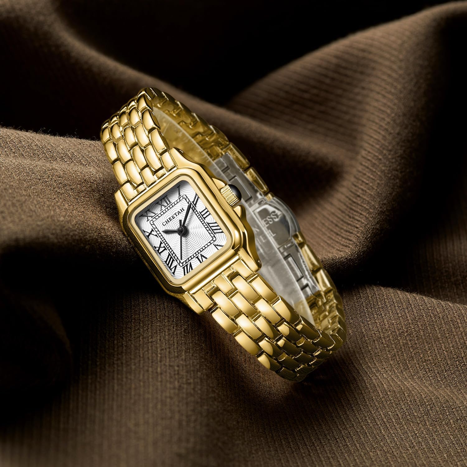 Cheetah Gold Watches For Women With Small Vintage Bracelet, Rectangular Case Roman Dial