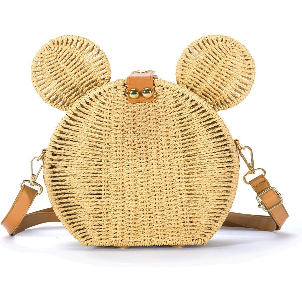 Round Rattan Straw Bag Purse For Women Handmade Cute Mouse Ear Wicker Woven Purse Crossbody Shoulder Bag Handbag