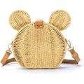 Round Rattan Straw Bag Purse For Women Handmade Cute Mouse Ear Wicker Woven Purse Crossbody Shoulder Bag Handbag