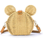 Round Rattan Straw Bag Purse For Women Handmade Cute Mouse Ear Wicker Woven Purse Crossbody Shoulder Bag Handbag