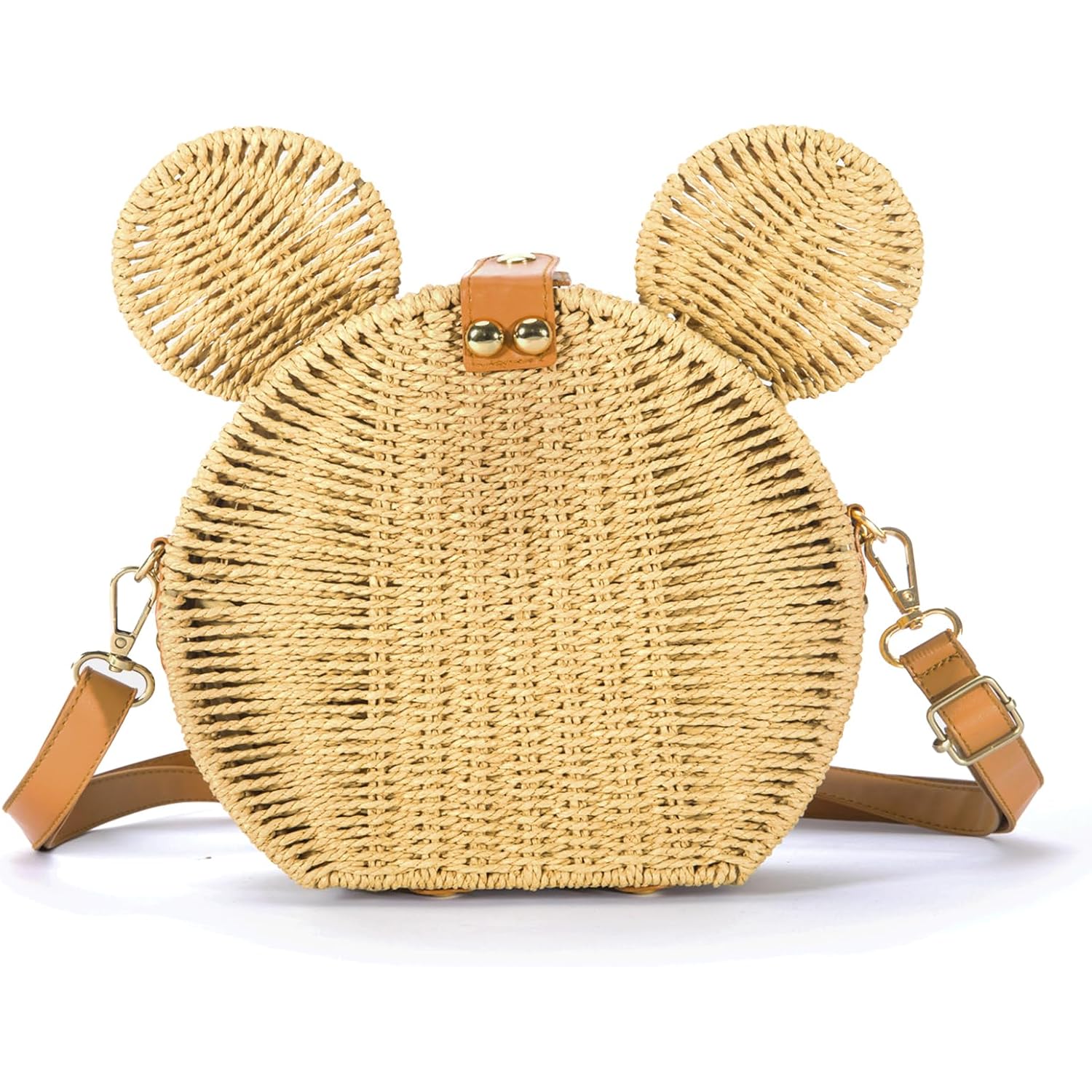 Round Rattan Straw Bag Purse For Women Handmade Cute Mouse Ear Wicker Woven Purse Crossbody Shoulder Bag Handbag