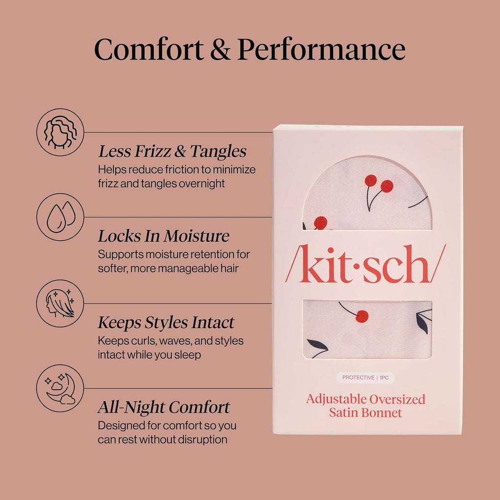 Kitsch XL Satin Bonnet for Sleeping - Softer Than Silk Bonnet For Sleeping Women - Secure Fit, Adjustable, Night Cap For Curly & Textured Hair - Prevents Breakage, Tangles & Thinning - Cherry Print
