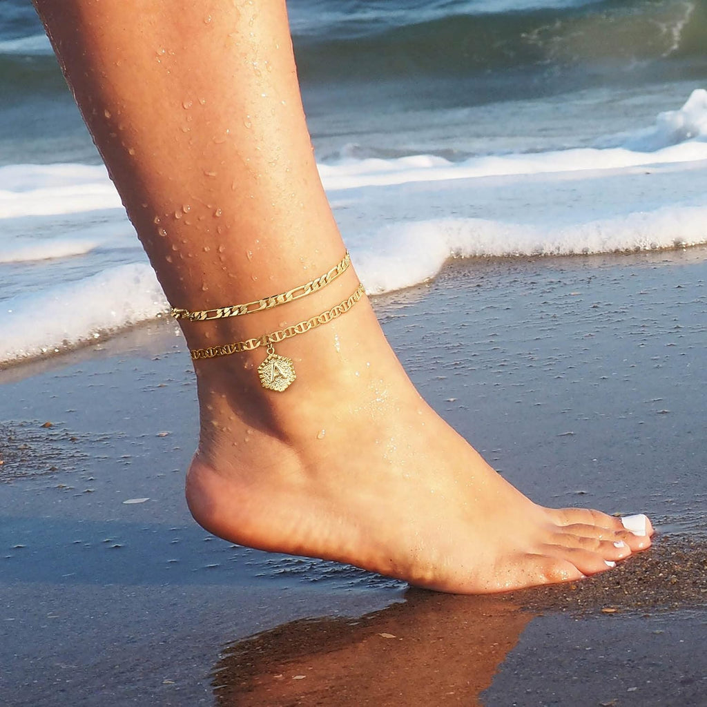 Memorjew Initial Ankle Bracelets for Women, 14K-Gold-Plated Double Layered Initial Anklets Jewelry for Women