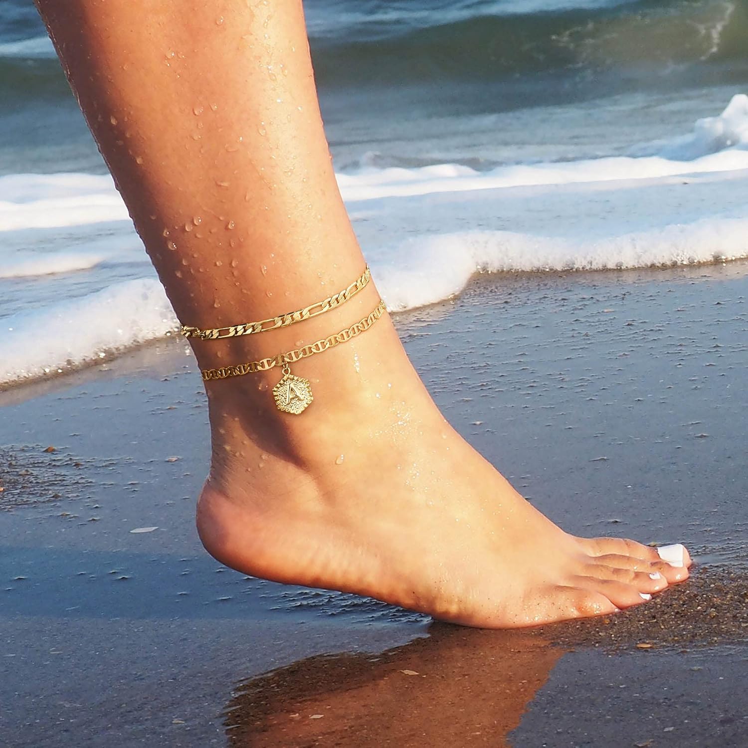 Memorjew Initial Ankle Bracelets for Women, 14K-Gold-Plated Double Layered Initial Anklets Jewelry for Women