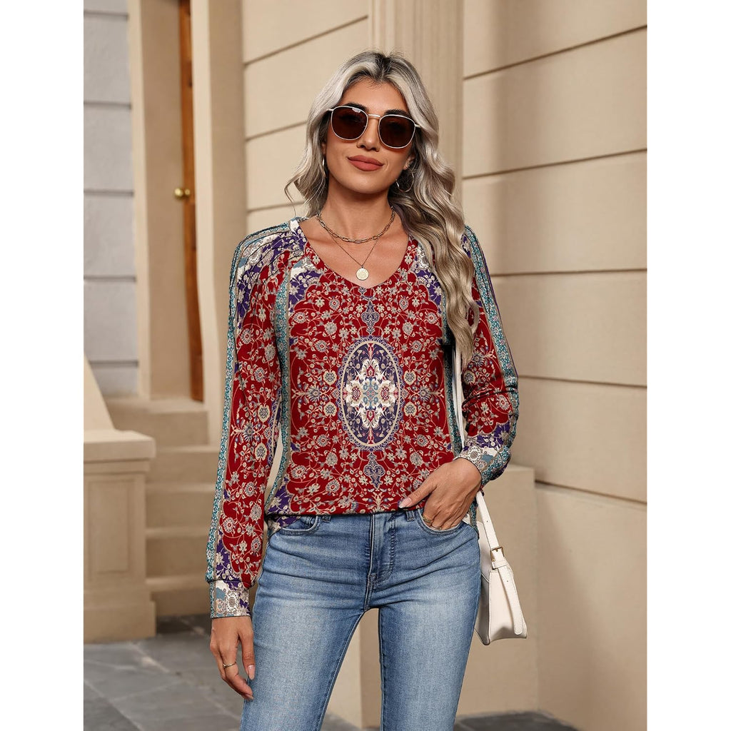 Zeagoo Womens Long Sleeve Tops V Neck Pleated Shirts Dressy Casual Blouses Fall Fashion Tunic Clothes 2026 T-Shirts