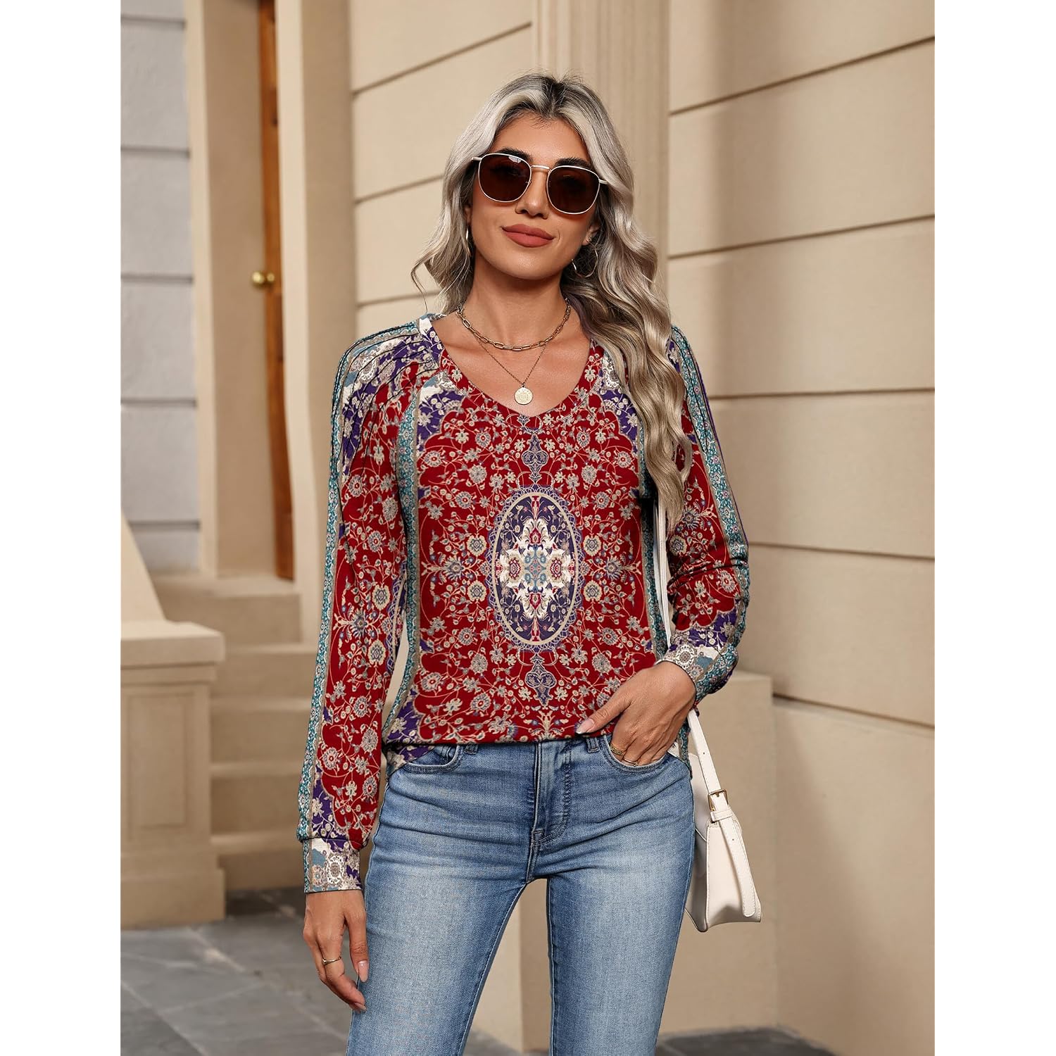 Zeagoo Womens Long Sleeve Tops V Neck Pleated Shirts Dressy Casual Blouses Fall Fashion Tunic Clothes 2026 T-Shirts