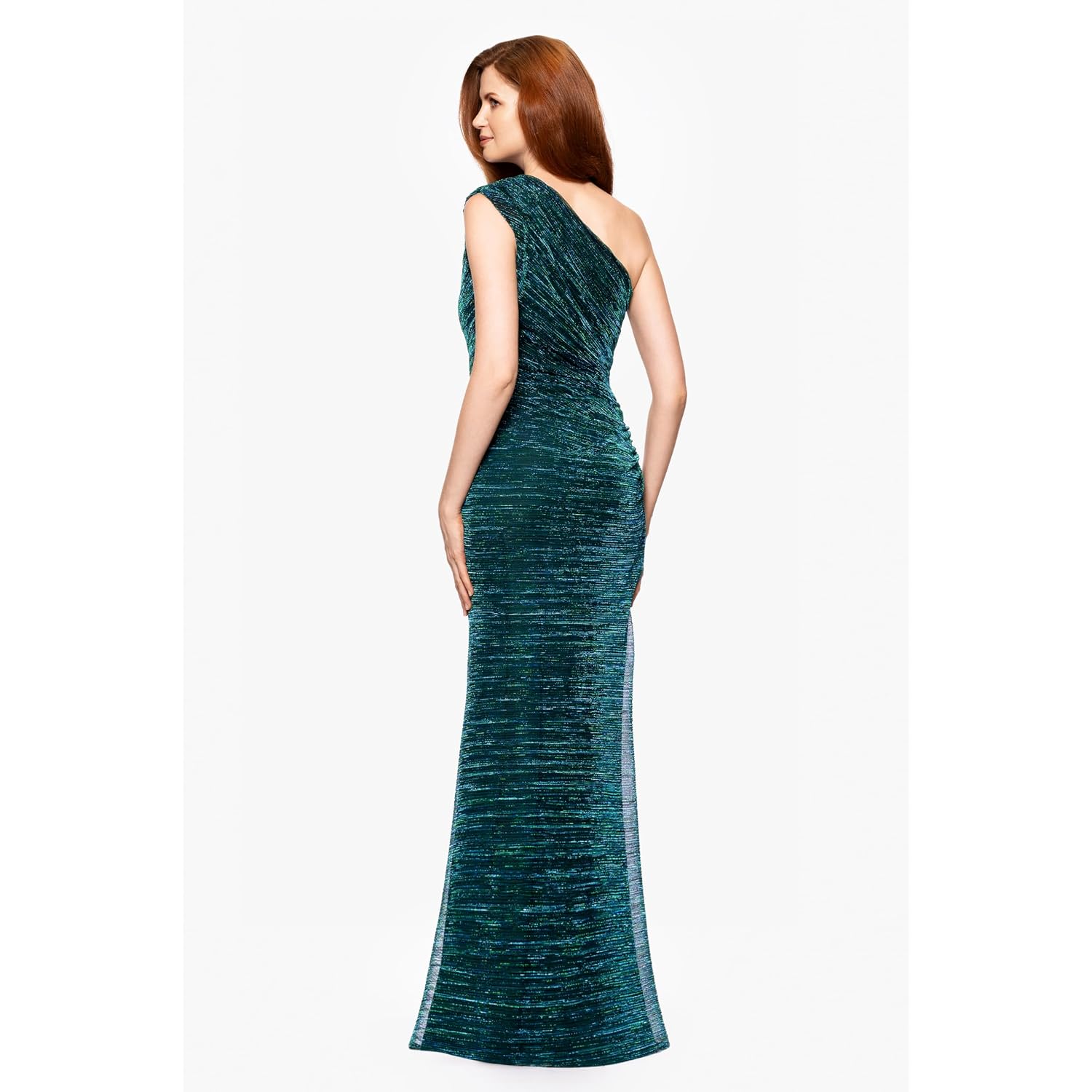 Betsy & Adam Women'S One Shoulder Metallic Knit Evening Gown