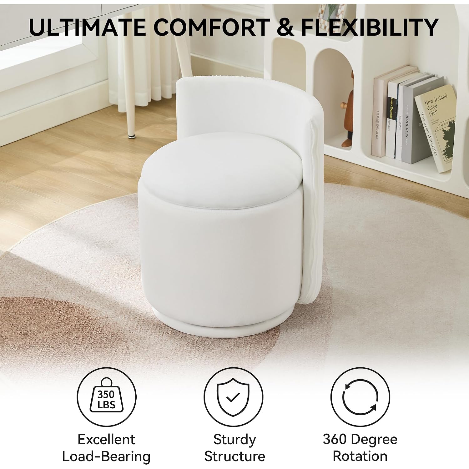 Velvet Vanity Chair With Storage, 360° Swivel Makeup Chair With Wave Back, No Assembly Small Accent Stool For Bedroom, Dressing, Living Room, White