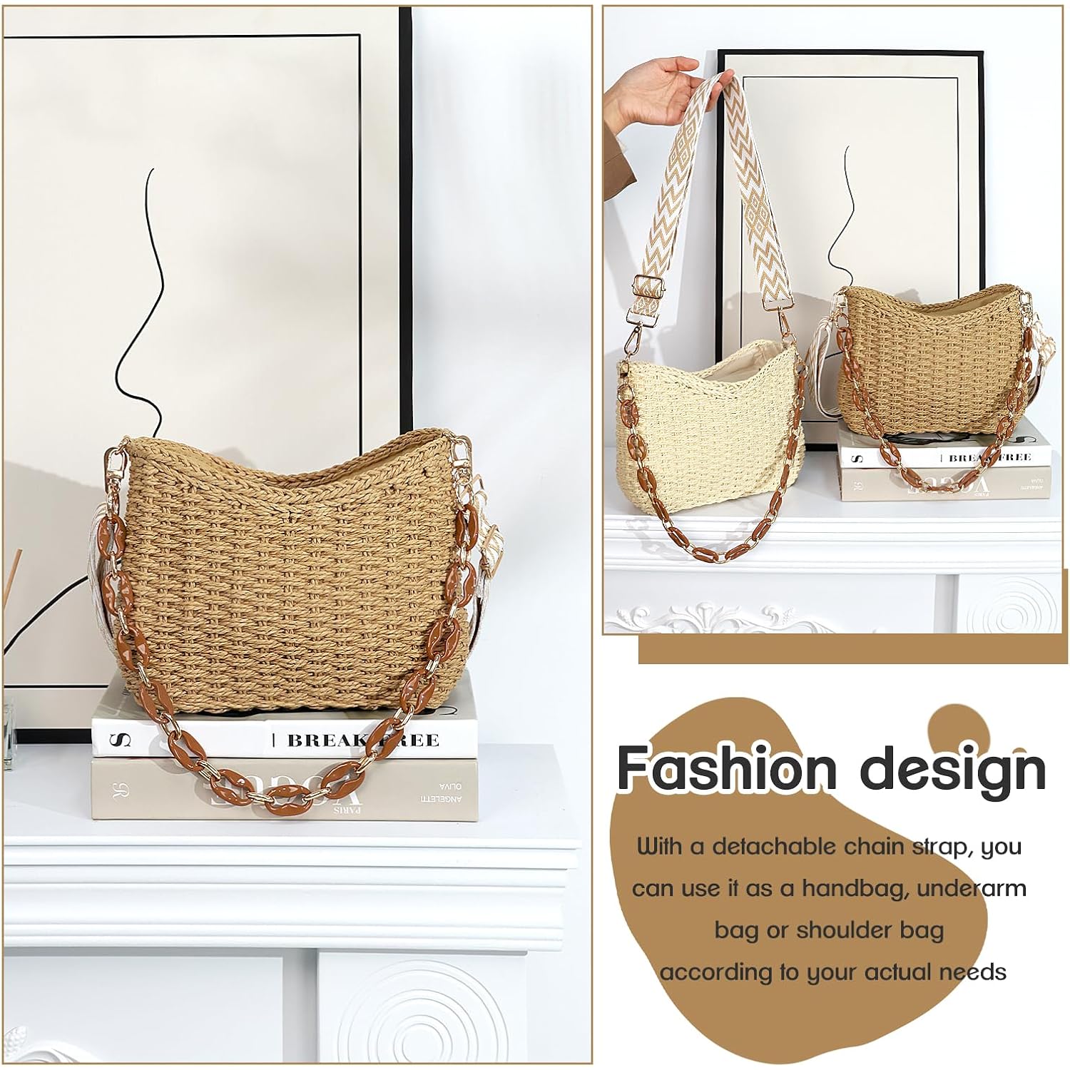 Straw Handbags Purses Crossbody Pocketbook Bag Casual Woven Beach Bags Summer Hobo Hippie Chic Tote Bags with Chain