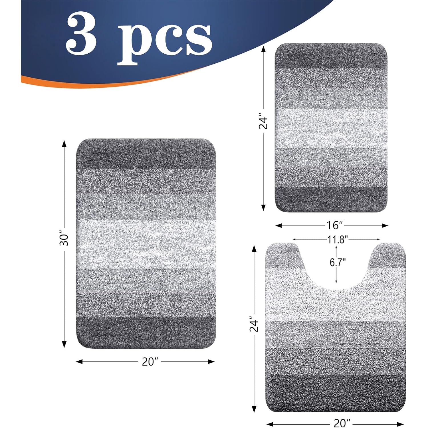 OLANLY Bathroom Rugs Sets 3 Piece, Soft Absorbent Microfiber Bath Mats and U-Shaped Contour Toilet Rug, Machine Wash Dry, Plush Shaggy Bath Mat Set for Bathroom (30"x20"+24"x16"+24"x20", Grey)