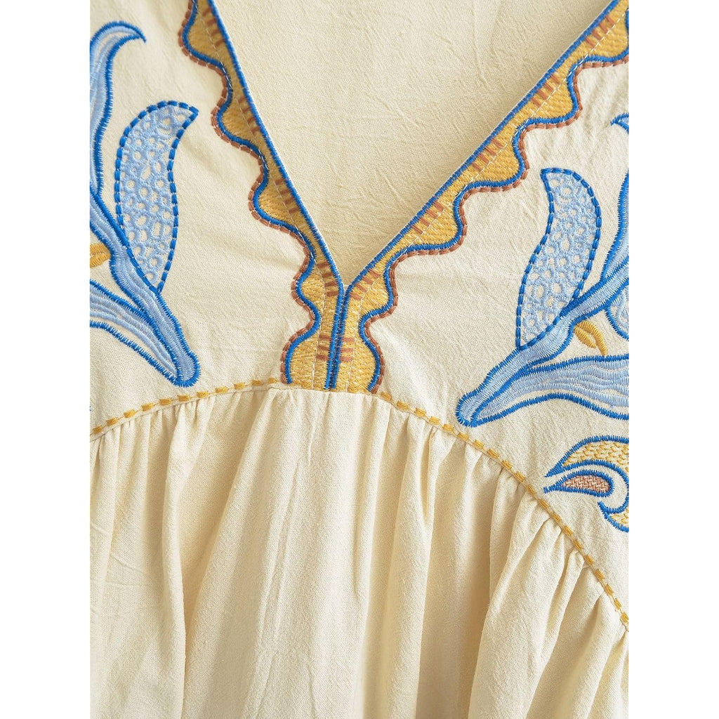 Joiemont Womens Oversized Embroidered Dress With V-Neck And 3/4 Sleeves Vintage Embroidery Babydoll Dress