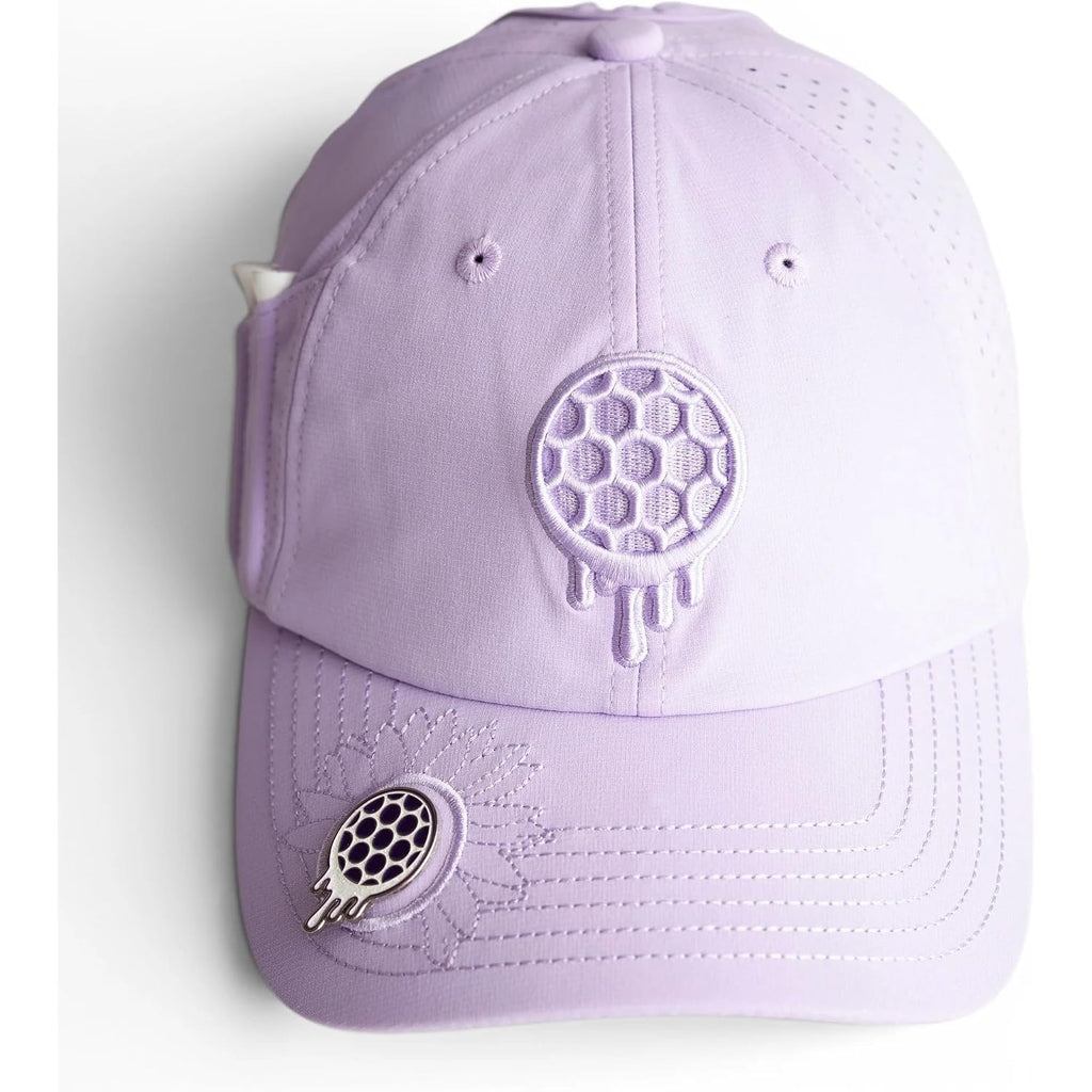 Ladies 6 Panel Unstructured Open Back Golf Hat - Snapback - Tee Holder With Tees & Bill Magnet With Ball Marker
