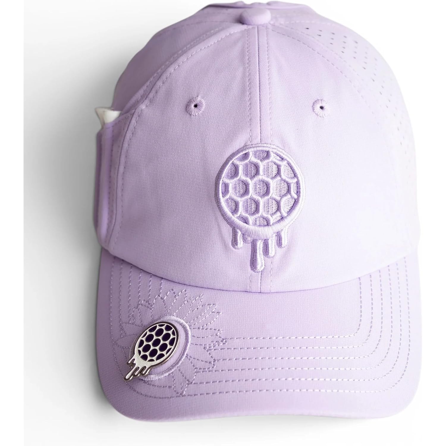 Ladies 6 Panel Unstructured Open Back Golf Hat - Snapback - Tee Holder With Tees & Bill Magnet With Ball Marker