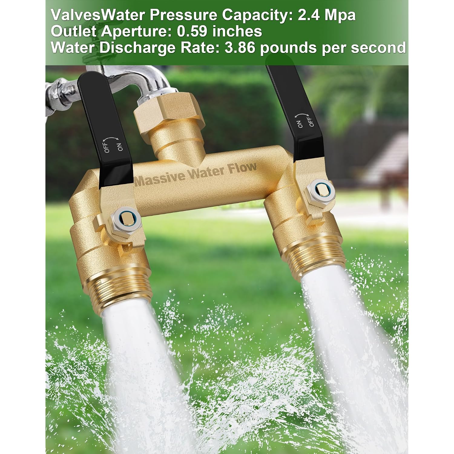 Hose Splitter 2 Way Heavy Duty, Full Flow Garden Hose Splitter With 2 Long Metal Handles, Brass Rust And Freeze Resistant Water Hose Bib Splitter, T Adapter Connector With 3/4 - Inch Ght Thread（Black）