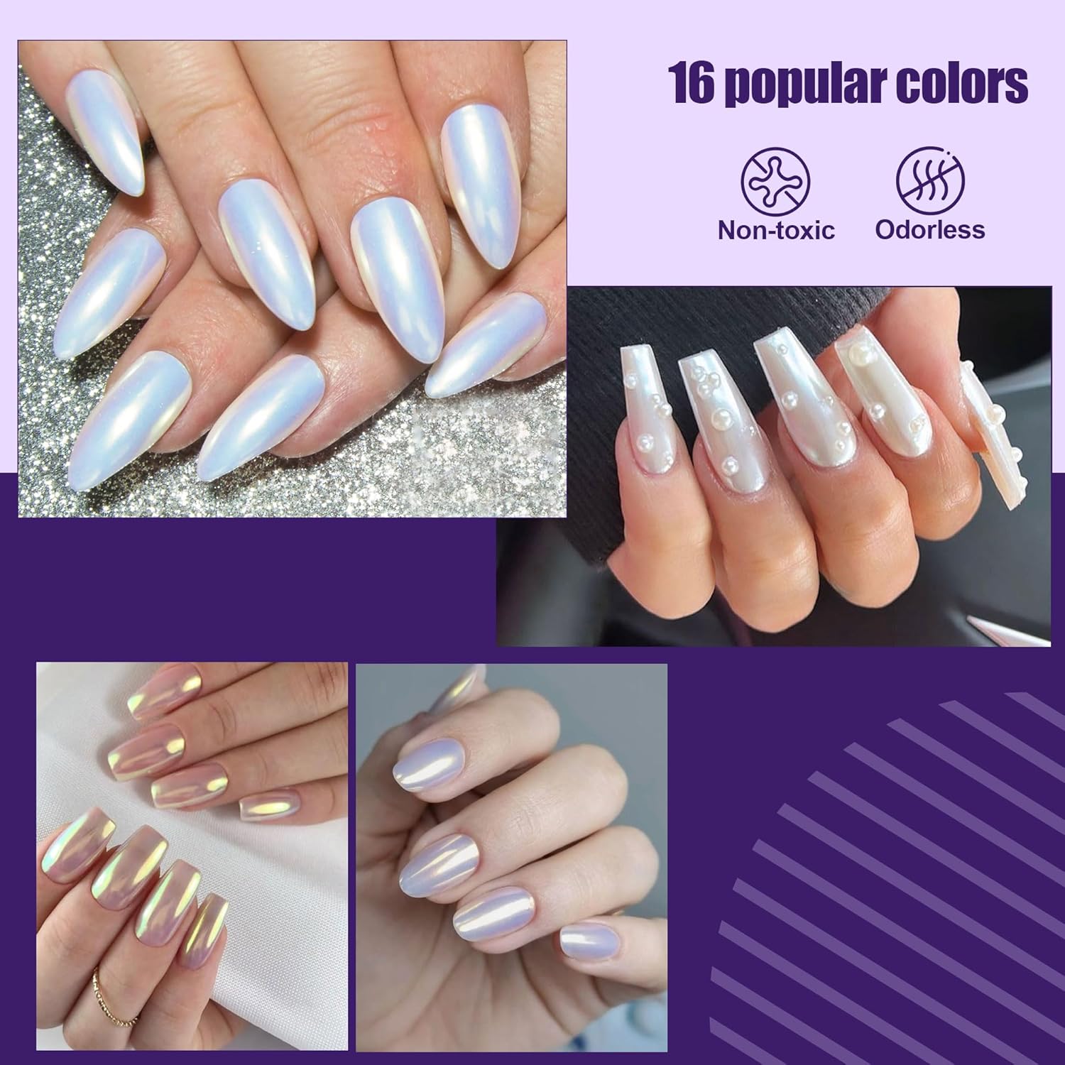 Artdone 16Jars Chrome Nail Powder Magic White Pearl Kit Colored Mirror Effect Silver Gold Metallic Stuff Holographic Dip Nail Pigment Powder For Resin Craft & Nail Art Accessories Decoration Supplies