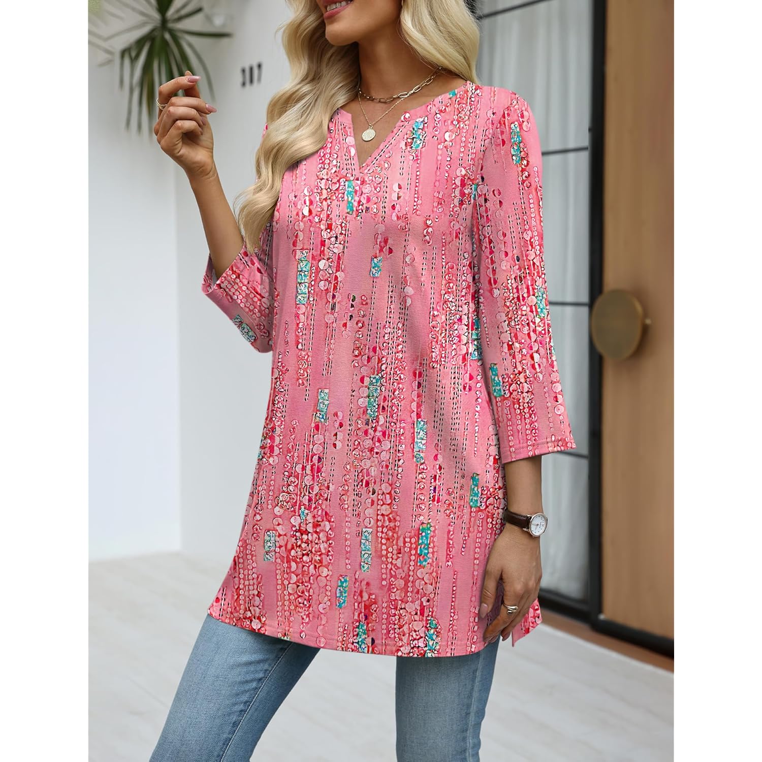 3/4 Length Sleeve Womens Tops Dressy Casual Plus Size V Neck Tunics to Wear with Leggings Side Slit Shirt