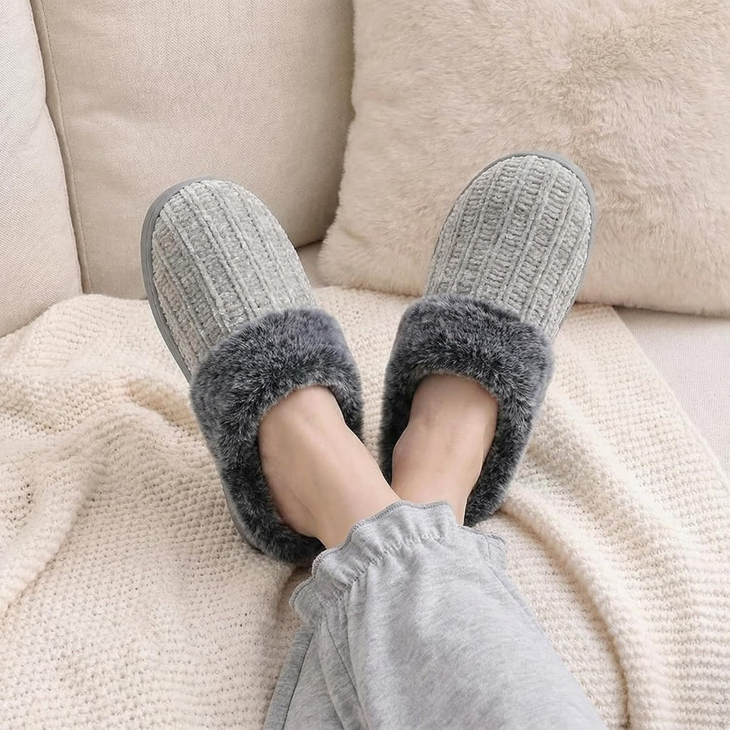 Womens Memory Foam Fuzzy Slippers Knitted House Slippers For Women Comfy Slip-On Warm House Shoes