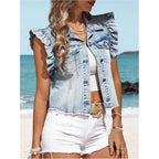 Soly Hux Women'S Denim Jacket Ruffle Cap Sleeve Button Down Trendy Crop Jean Jackets Coat