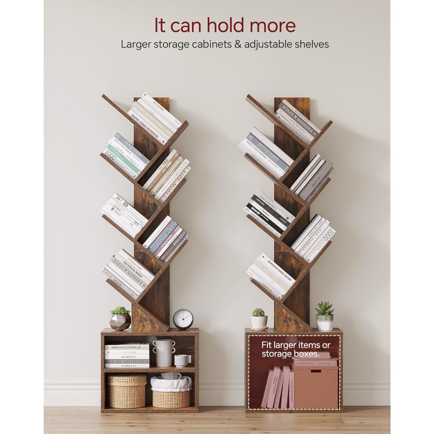 SUNMORY 6 Tier Tree Bookshelf, Small Bookcase with Storage Cabinet, Modern Tall Narrow Bookshelves Organizer, Floor Standing Book Shelf for Bedroom/Living Room/Home Office/Corner, Rustic Brown