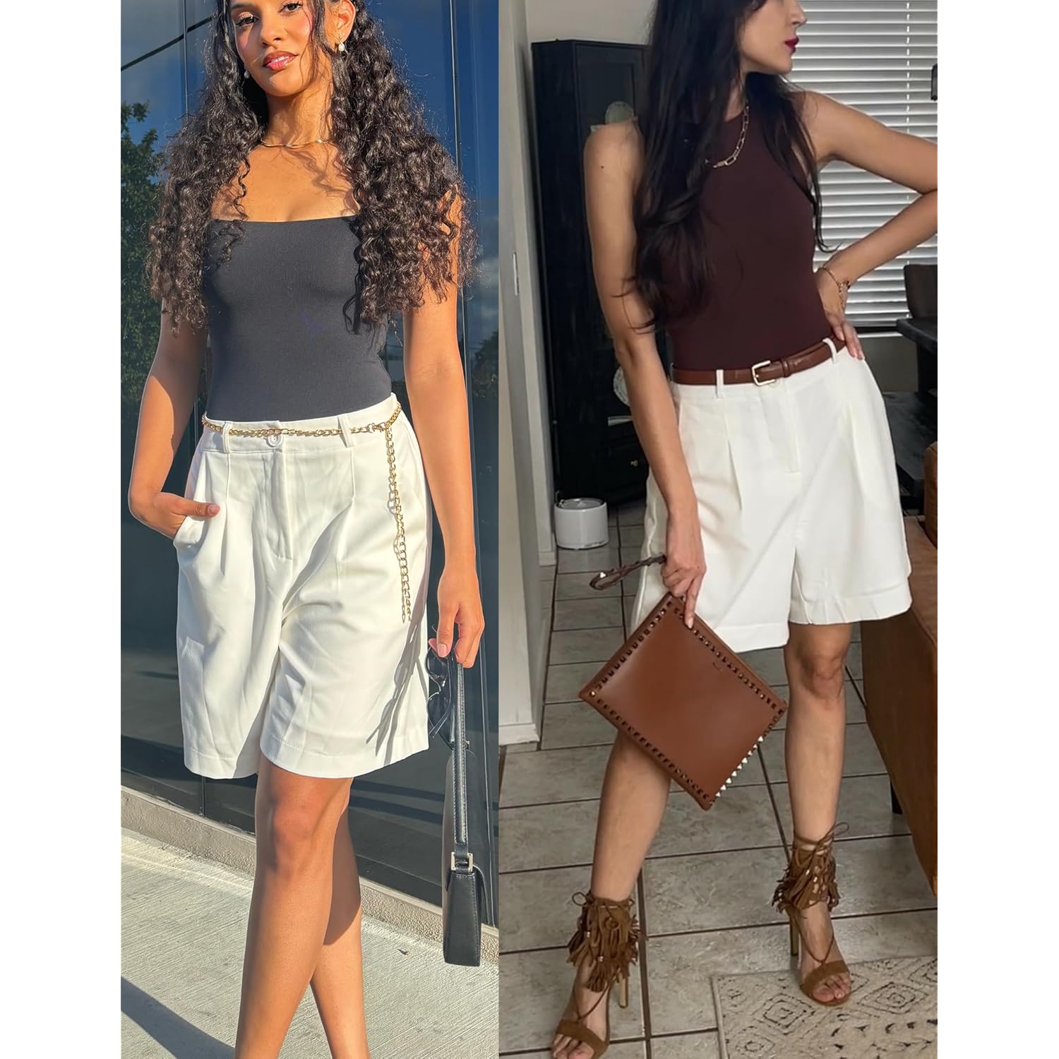 Bermuda Shorts for Women Summer Dressy Casual Elastic High Waisted Wide Leg Knee Length Shorts with Pockets