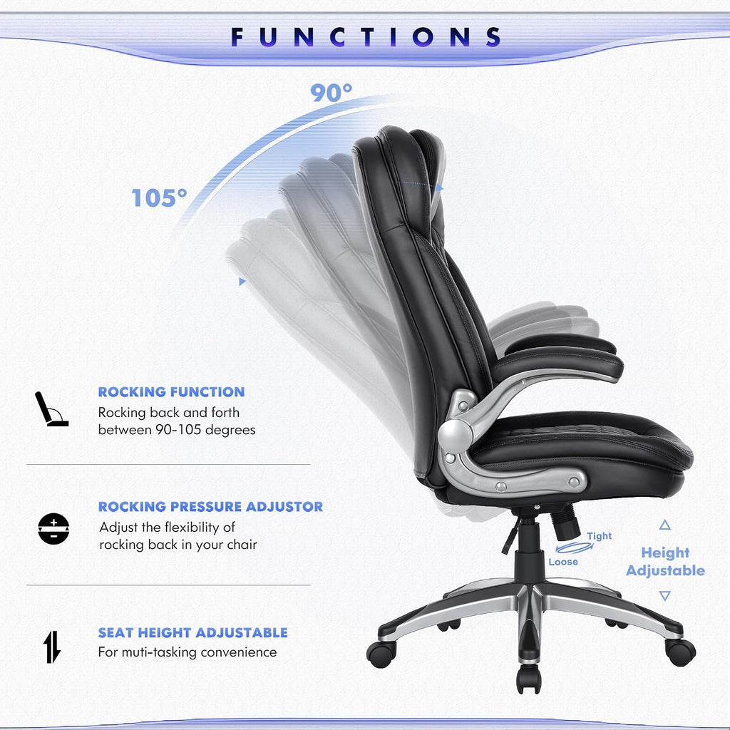 Colamy Executive Office Chair-Ergonomic Computer Desk Chair, High Back Leather Chair With Padded Flip-Up Arms, Swivel Home Office Chair, Black