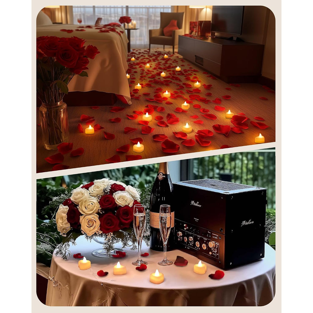 Amagic 1000 Pieces Artificial Rose Petals With 12 Heart Led Tea Lights Candles Kit, Rose Petals And Candles Set For Proposal, Anniversary, Valentine'S Day, Special Romantic Night, Wedding Table Decor