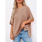 Tankaneo Womens Oversized T Shirts Summer Casual Ribbed Batwing Short Sleeve Tunic Tops Loose Fit Dolman Sleeve Tees
