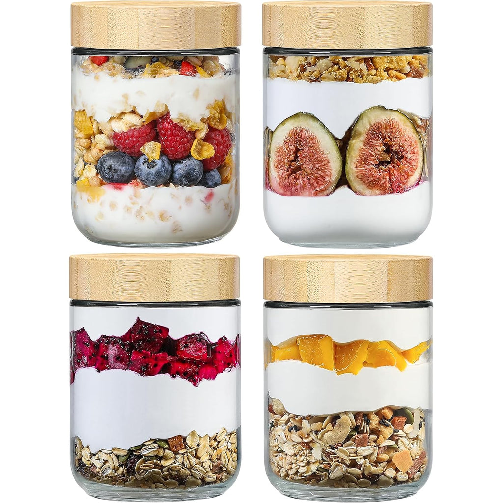Netany 4-Pack 16Oz Glass Jars With Airtight Lids, Overnight Oats Containers With Bamboo Lids, Wide Mouth Mason Salad Jars, Glass Food Storage Containers For Snacks Yogurt Spice Sugar