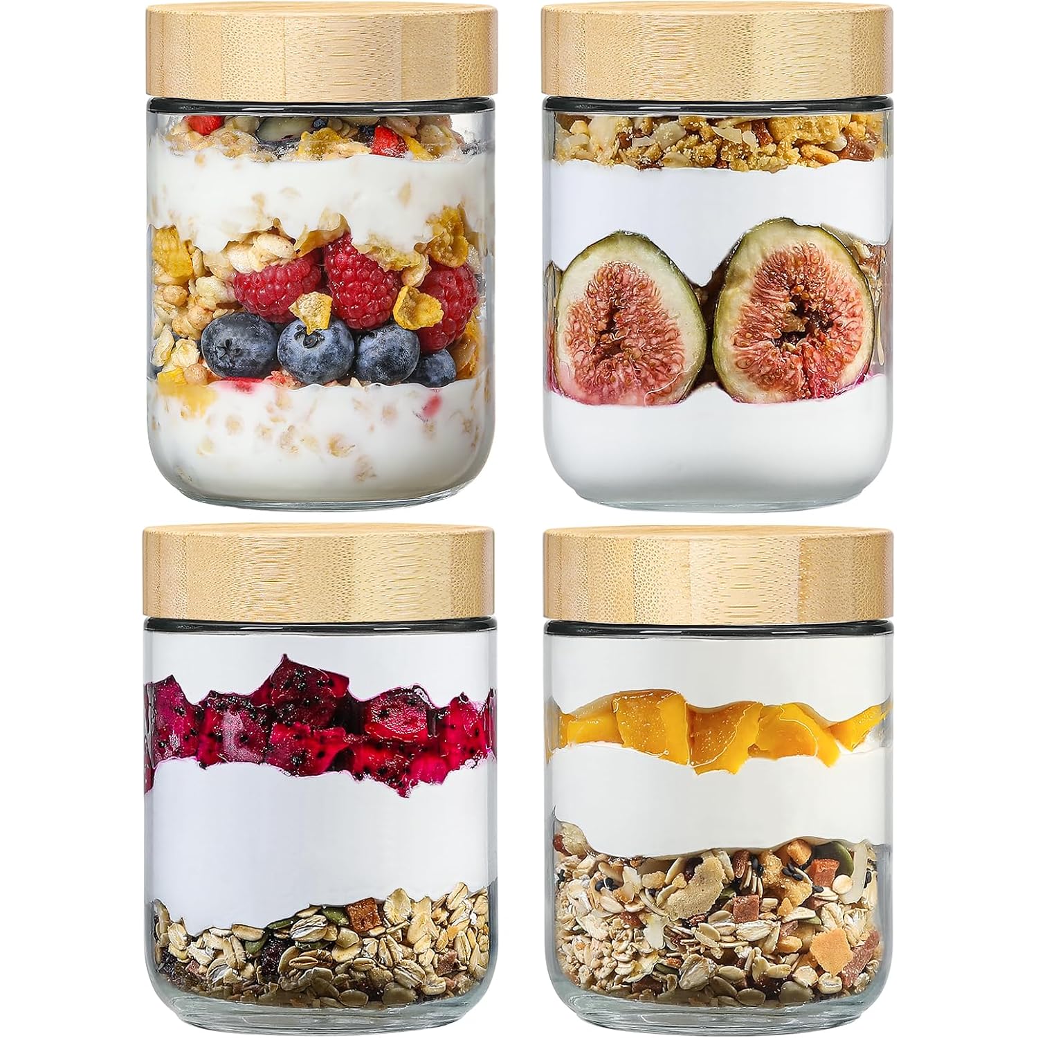 Netany 4-Pack 16Oz Glass Jars With Airtight Lids, Overnight Oats Containers With Bamboo Lids, Wide Mouth Mason Salad Jars, Glass Food Storage Containers For Snacks Yogurt Spice Sugar
