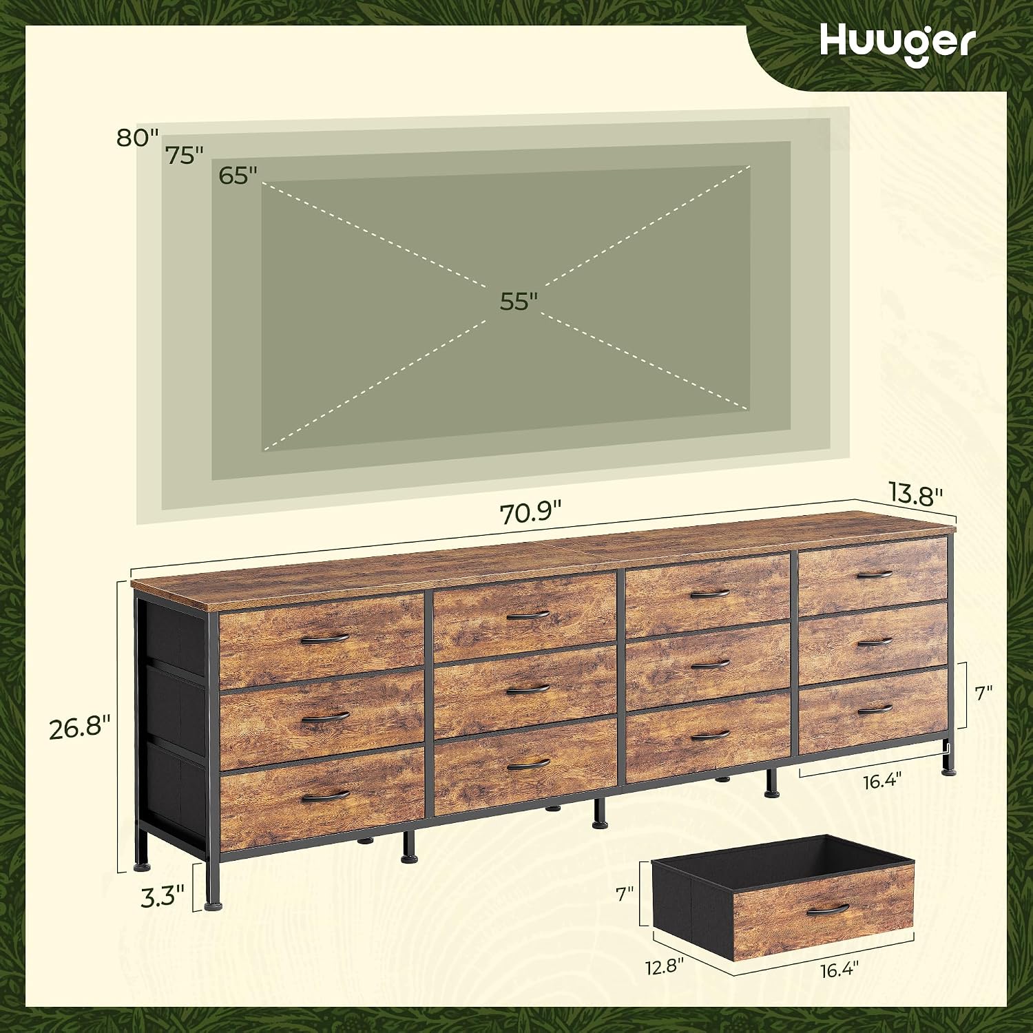 Huuger 70 Inch Dresser For Bedroom, Tv Stand For 65, 75, 80 Inch Tv, 12 Fabric Drawer Long Dresser, Large Entertainment Center For Bedroom, Wide Chest Of Drawer With Storage, Rustic Brown