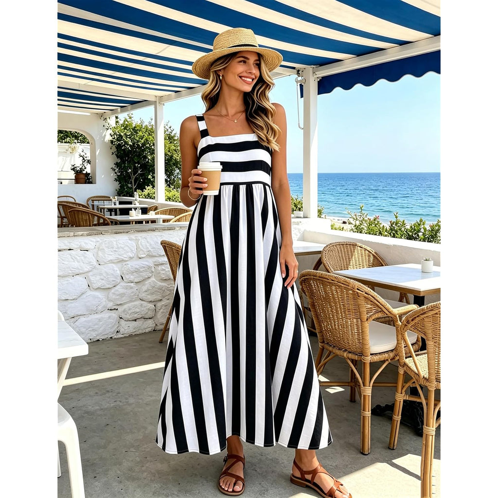 Huaqiao Womens Summer Striped Maxi Dress Sleeveless Square Neck Spaghetti Strap Flowy Beach Boho Vacation Sundress