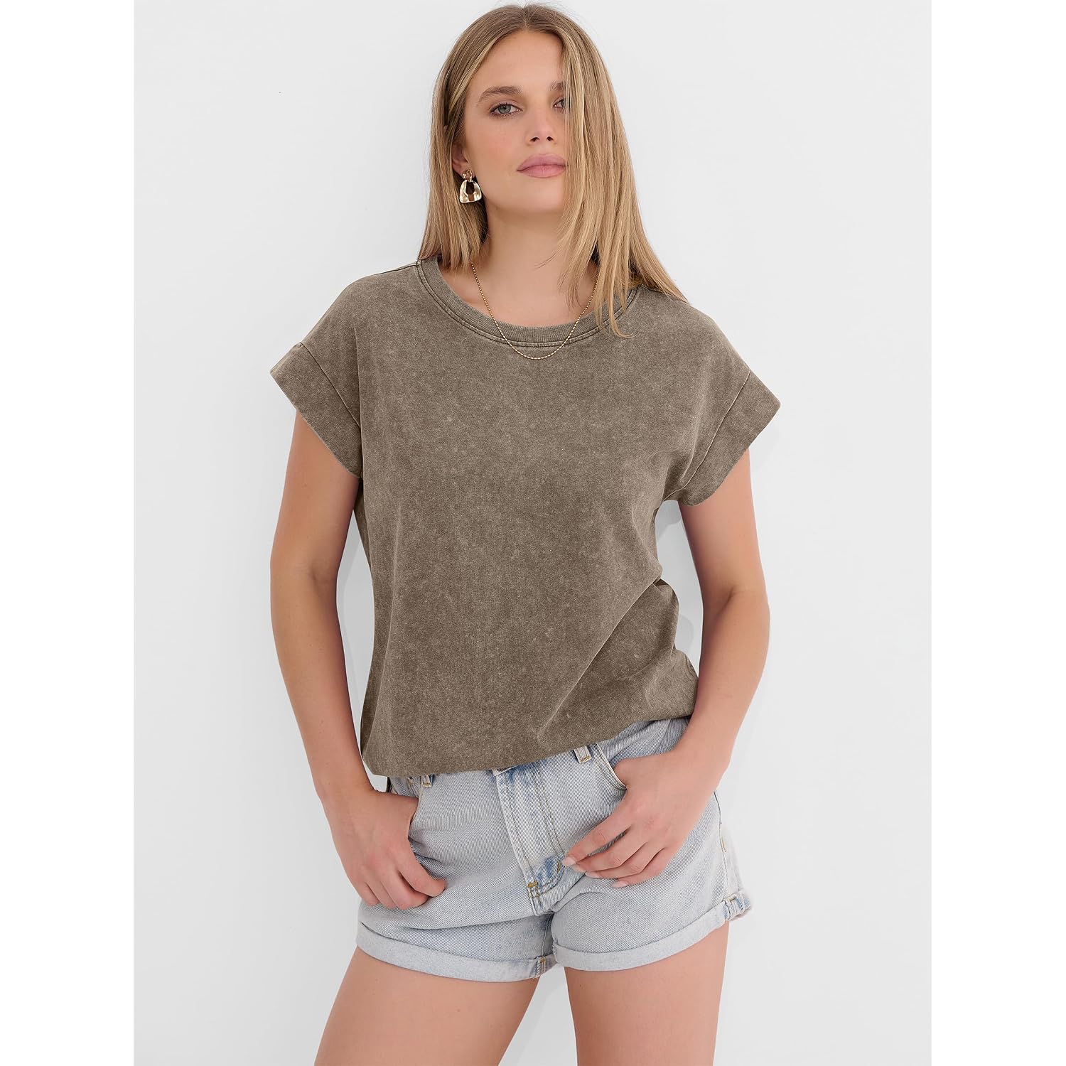 ANRABESS Womens Acid Washed T-Shirt Cap Sleeve Vintage Casual Crew Neck Tops Summer Basic Tee 2026 Fashion Clothing