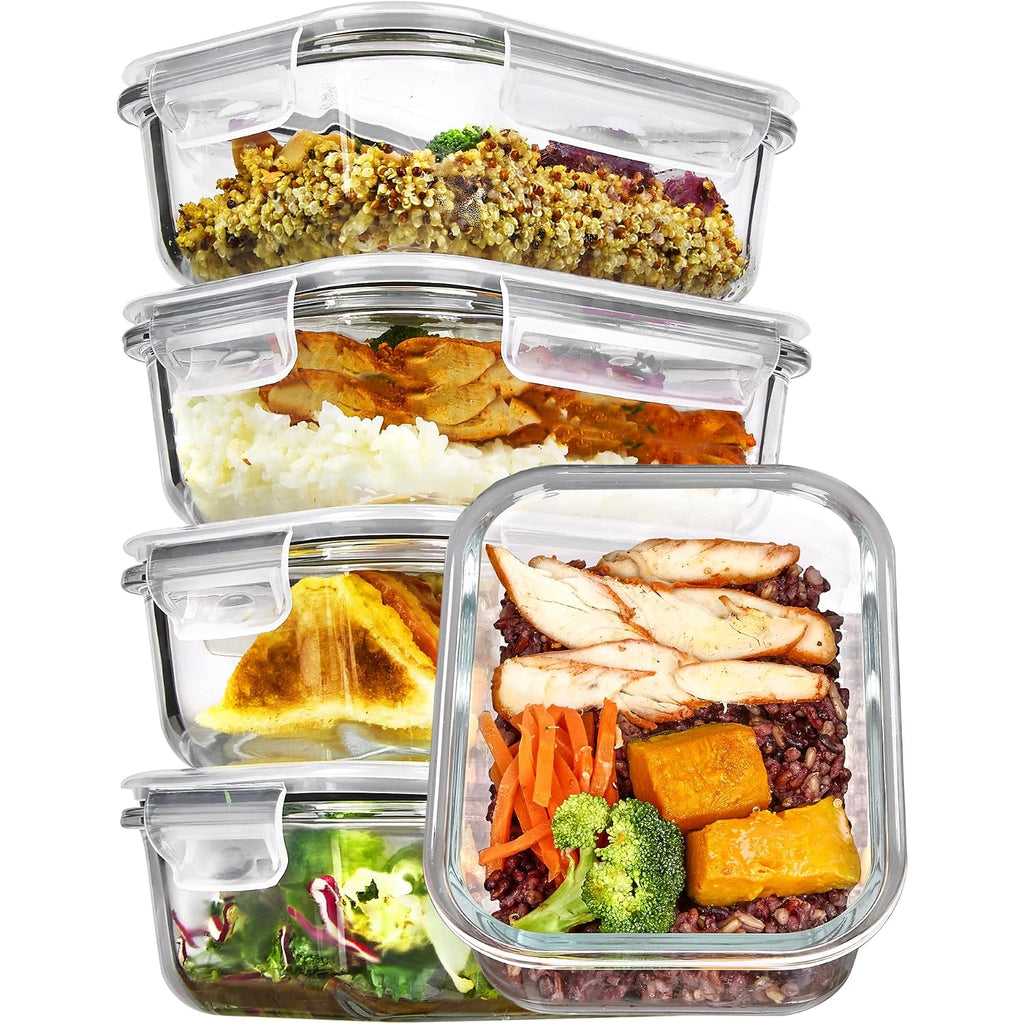 Vtopmart 5Pack 22Oz Glass Storage Containers With Lids, Glass Meal Prep Food Container Sets With Snap Airtight Lid For Microwave, Oven, Freezer And Dishwasher, Grey