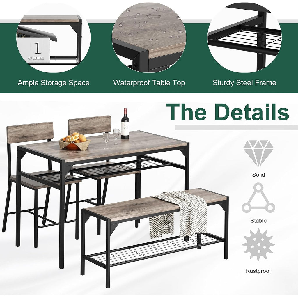 Shintenchi Kitchen Table Chairs Set Of 4, Dining Table Set For 4 With Bench And Chairs, 4 Pieces Kitchen Table Set With Storage Rack & Metal Frame For Small Space, Oak Gray
