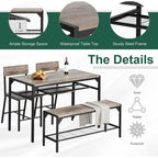 Shintenchi Kitchen Table Chairs Set Of 4, Dining Table Set For 4 With Bench And Chairs, 4 Pieces Kitchen Table Set With Storage Rack & Metal Frame For Small Space, Oak Gray