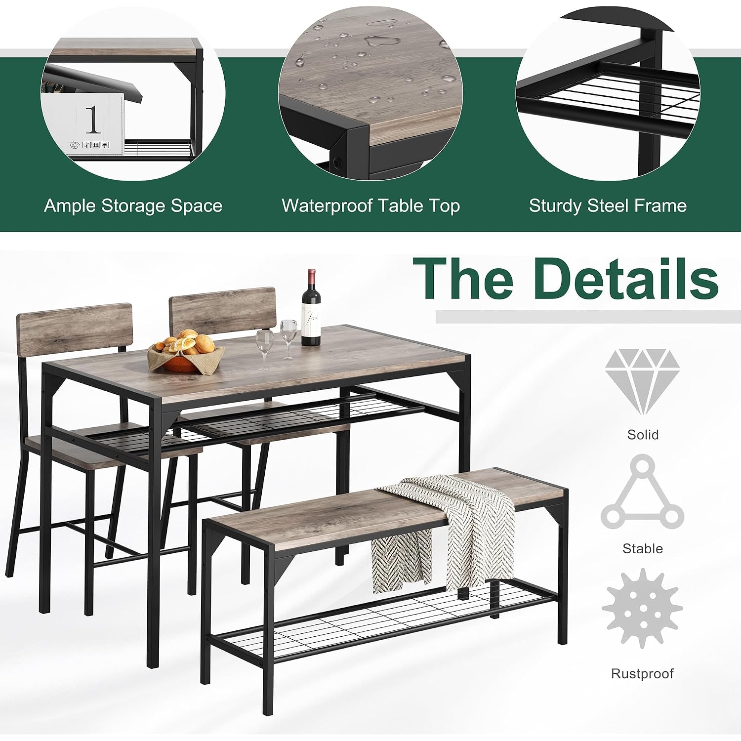 Shintenchi Kitchen Table Chairs Set Of 4, Dining Table Set For 4 With Bench And Chairs, 4 Pieces Kitchen Table Set With Storage Rack & Metal Frame For Small Space, Oak Gray