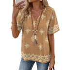 Rapbin Womens Summer Boho Tops Casual Short Sleeve Blouses Button Down Shirts 2026 Beach Vacation Clothes