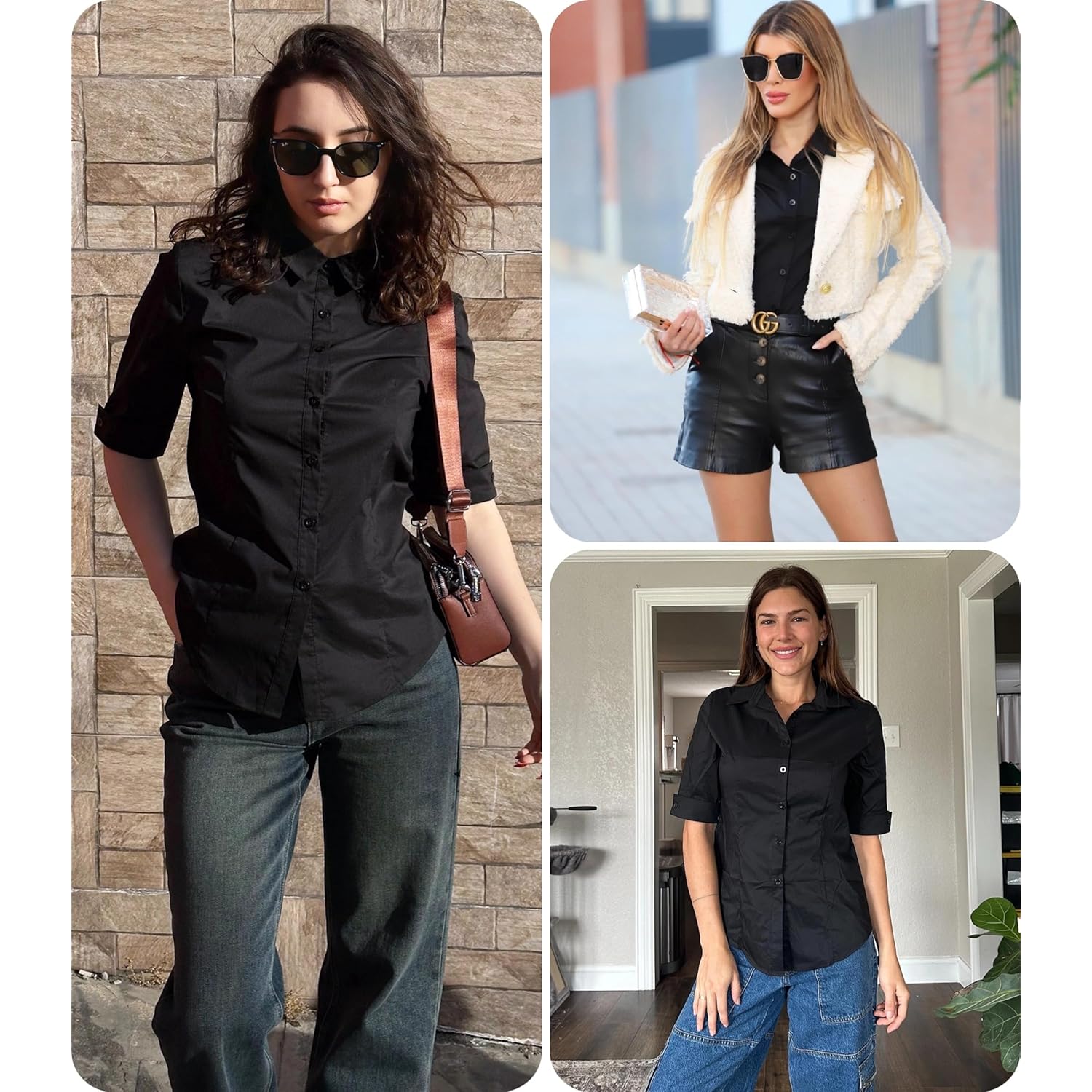 Womens Button Down Shirts 3/4 Sleeve Dress Blouses Business Casual Collared Oxford Tops