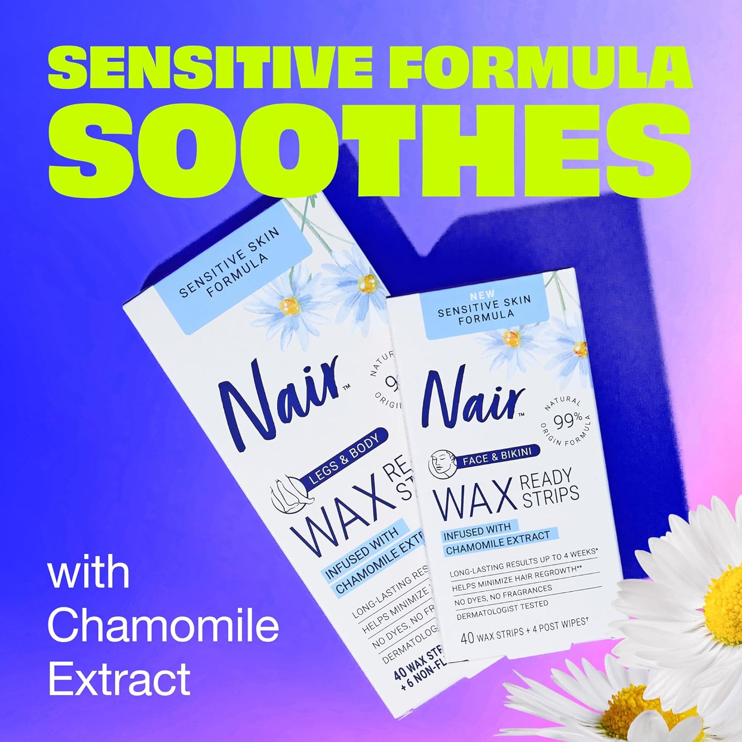 Nair Sensitive Hair Remover Mess-Free Wax Ready Strips, Legs and Body Easy Hair Removal Wax Strips for Sensitive Skin, Chamomile Extract, Dermatologist Tested, Plus 6 Post Wipes, 40 Count