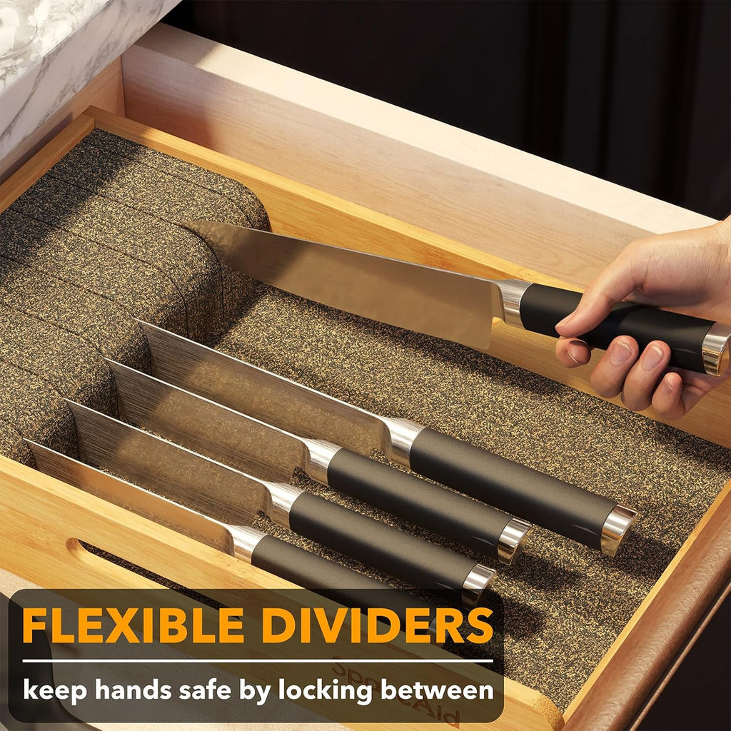 Spaceaid Knife Drawer Organizer 9 Inches Wide Bamboo Insert Dock, Kitchen Steak Knives Holder Organizers Block For Drawer In Storage Organization (Medium, Natural)