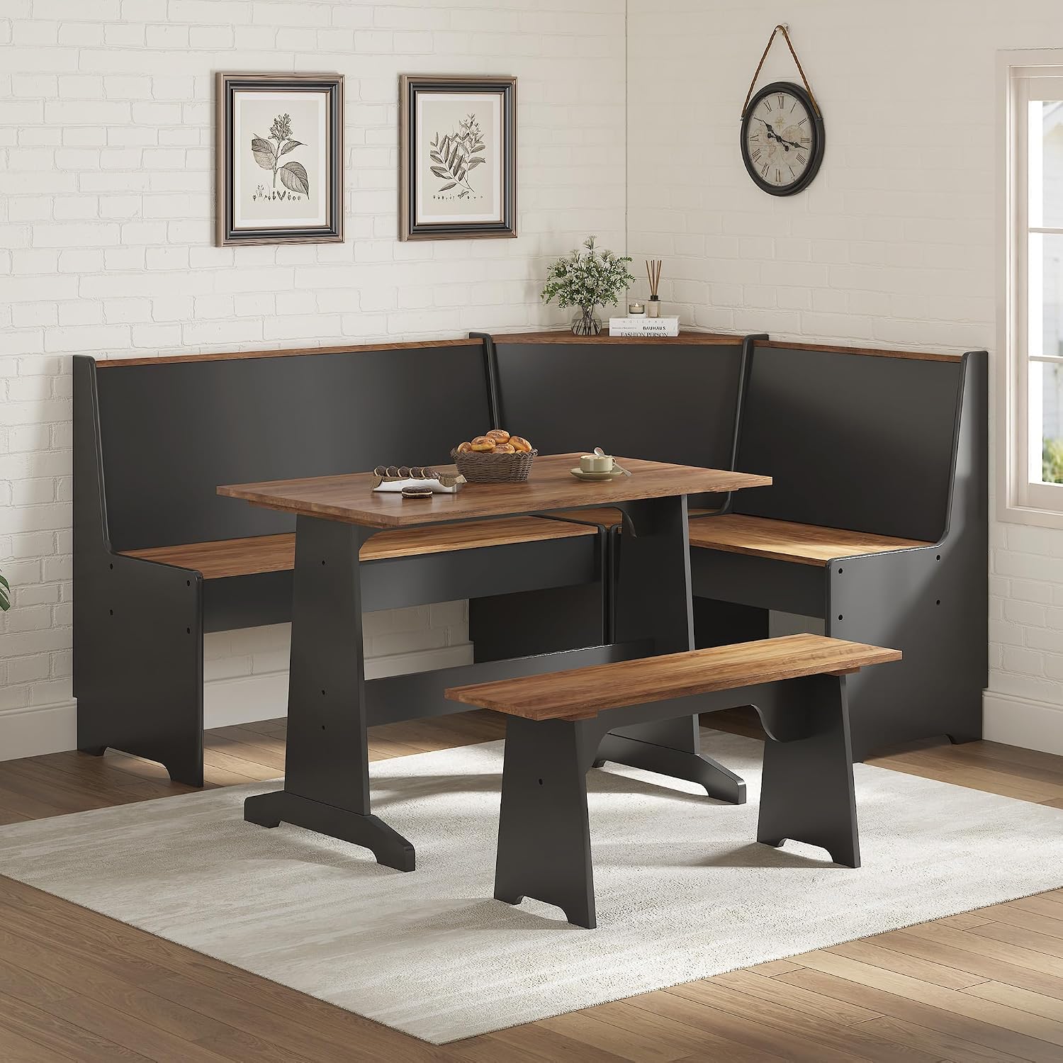 3-Piece Corner Dining Set With Hidden Storage, Black Oak | Breakfast Nook, L-Shaped Corner Bench, Hidden Storage, Space Saving Design For Small Space, Kitchen Dining Room Furniture