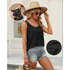 Ofeefan Tank Top For Women Loose Fit Crew Neck Sleeveless Shirts Strap Lace Camisole Chiffon Summer Tops Curved Hem