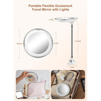 10X Magnifying Mirror With Light, Flexible Gooseneck Travel Make Up Mirror | Wall Mount Mirror With Lights And Magnification, Battery Operated Cordless With Suction Cups For Bathroom Silver 1 Lighting