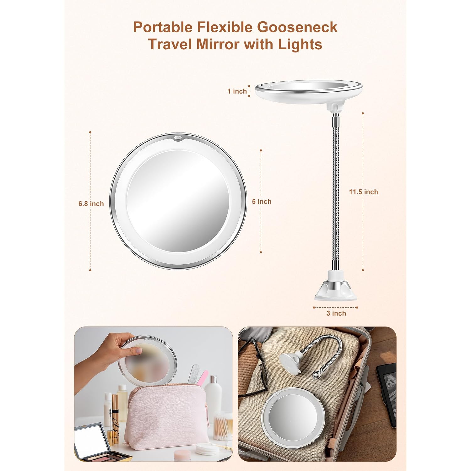 10X Magnifying Mirror With Light, Flexible Gooseneck Travel Make Up Mirror | Wall Mount Mirror With Lights And Magnification, Battery Operated Cordless With Suction Cups For Bathroom Silver 1 Lighting