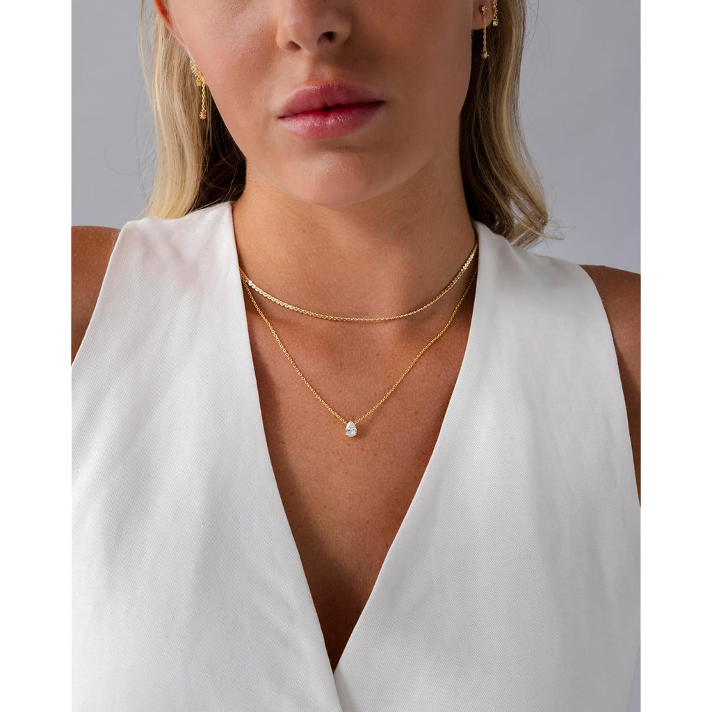 PAVOI 14K Gold Plated Twisted Singapore Chain Layering Choker with Round Solitaire and Serpentine Chain Layering Choker with Pear-Cut Stone Pendant Necklace Pack for Women | Cubic Zirconia Statement Layered Necklace Set