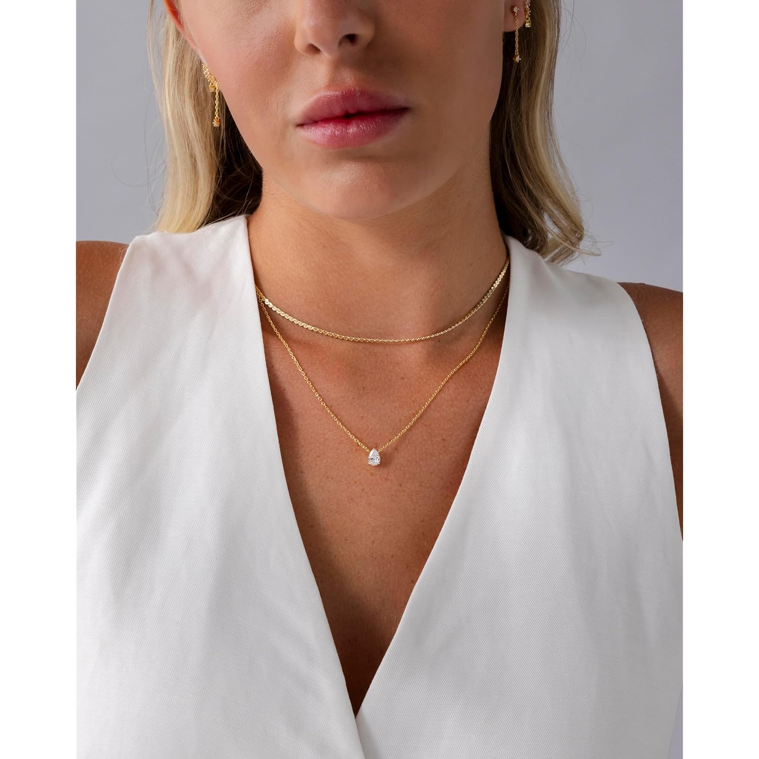 PAVOI 14K Gold Plated Twisted Singapore Chain Layering Choker with Round Solitaire and Serpentine Chain Layering Choker with Pear-Cut Stone Pendant Necklace Pack for Women | Cubic Zirconia Statement Layered Necklace Set
