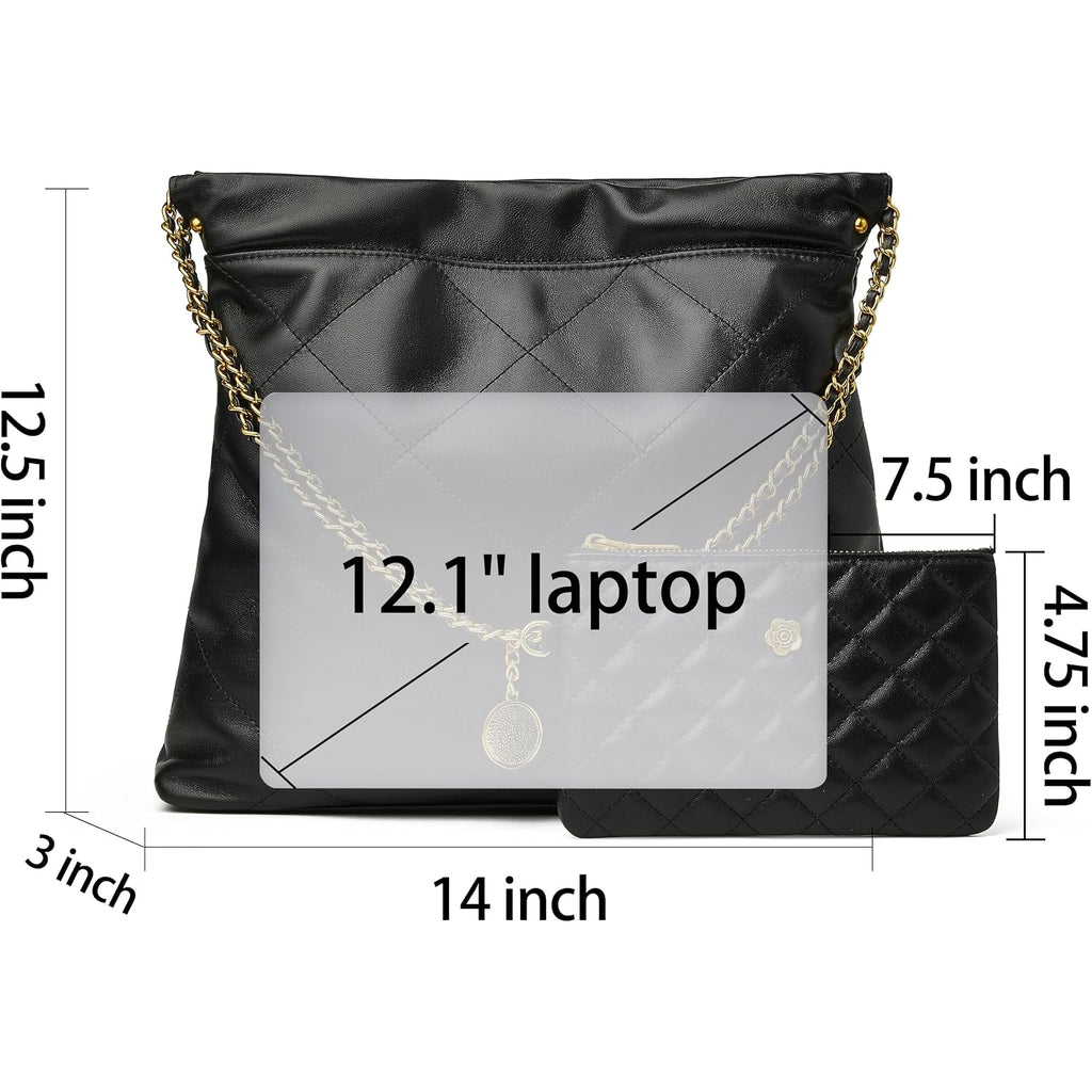 Doris&Jacky Quilted Leather Tote Bag For Women, Soft Lambskin Designer Shoulder Hobo Chain Purse With 1 Small Clutch