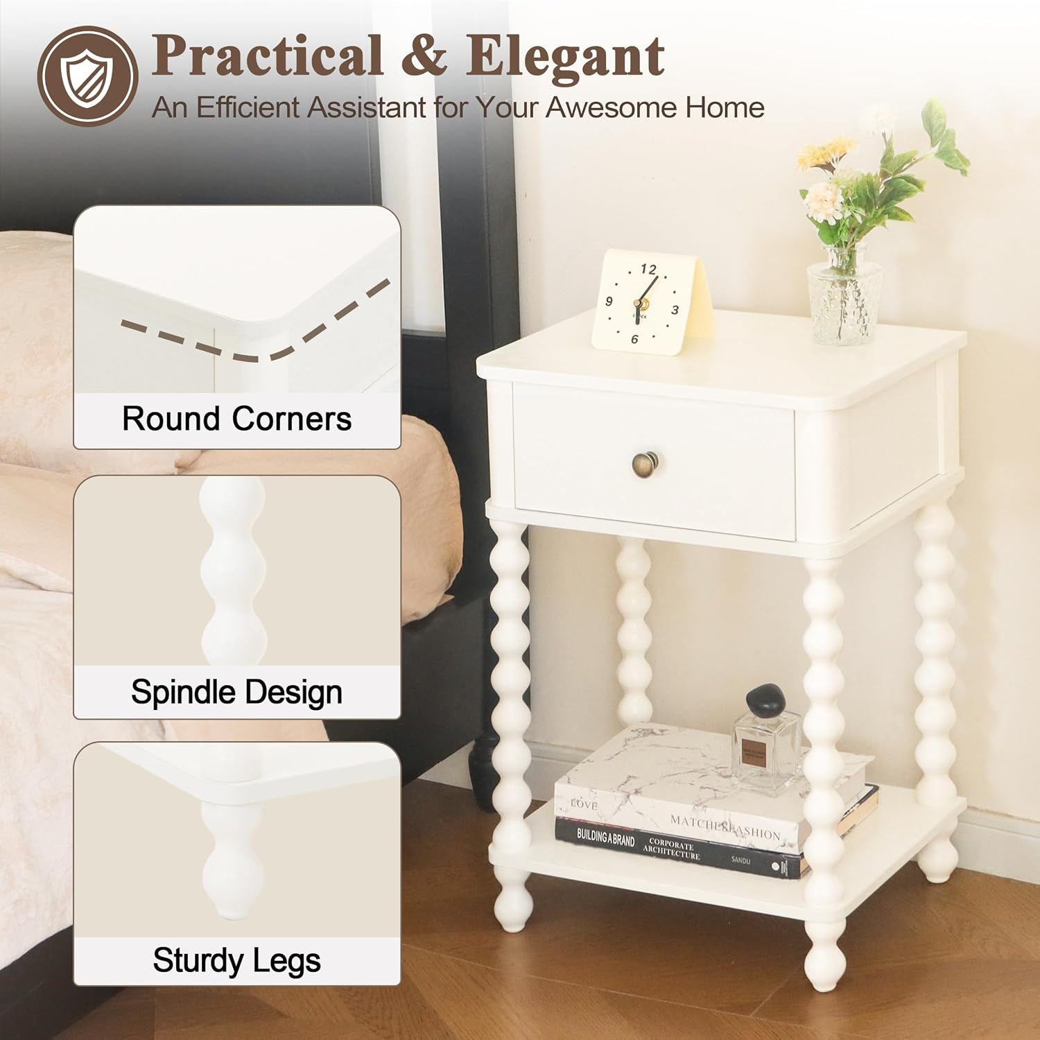 Awasen White Nightstand, Small Side Table With Drawer For Living Room, Farmhouse End Bedside Table With Spindle Wood Legs For Bedroom, Office, White