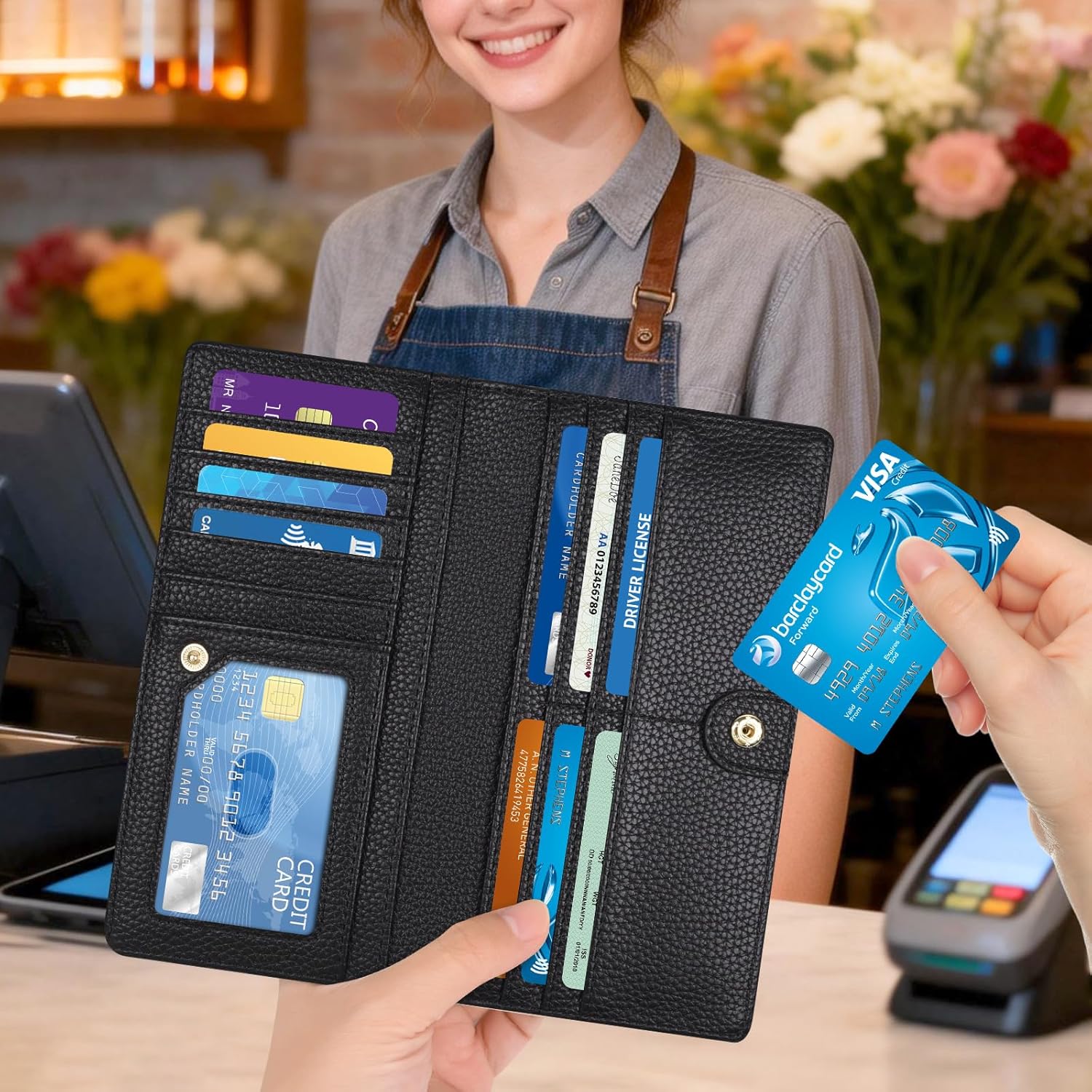 Womens Wallet, Extra Slim RFID Wallets, Leather Bifold Clutch Billfold Purse, with 11 Card Slots & ID Window, Cute Credit Card Holder Purse for Ladies Girls (Black)