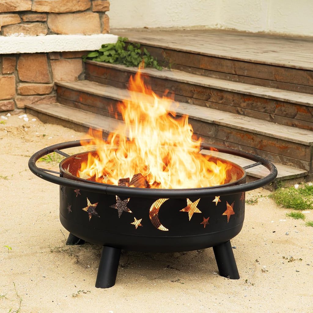 32 Inch Round Fire Pit With Mesh Cover, Fire Poker, Star And Moon Design, Metal Wood Burning Outdoor Firepit For Patio, Backyard, Garden, Bonfire Party,Perfect For Christmas, Thanksgiving, Halloween
